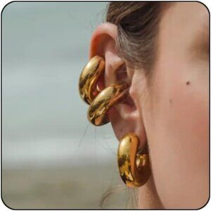 Chunky 14K Gold Plated Stainless Steel Hoop Ear Cuffs for Women Non Piercing